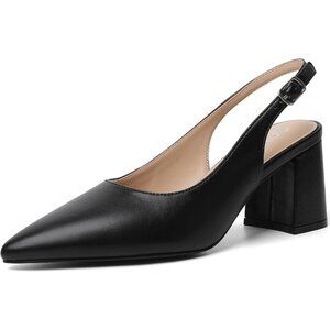 Women's Black 2 Pointed Closed Toe Slingback Chunky Heels Office Work Pump Shoes